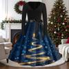 Women's Casual Vintage V-Neck Long Sleeve Dress with Christmas Print