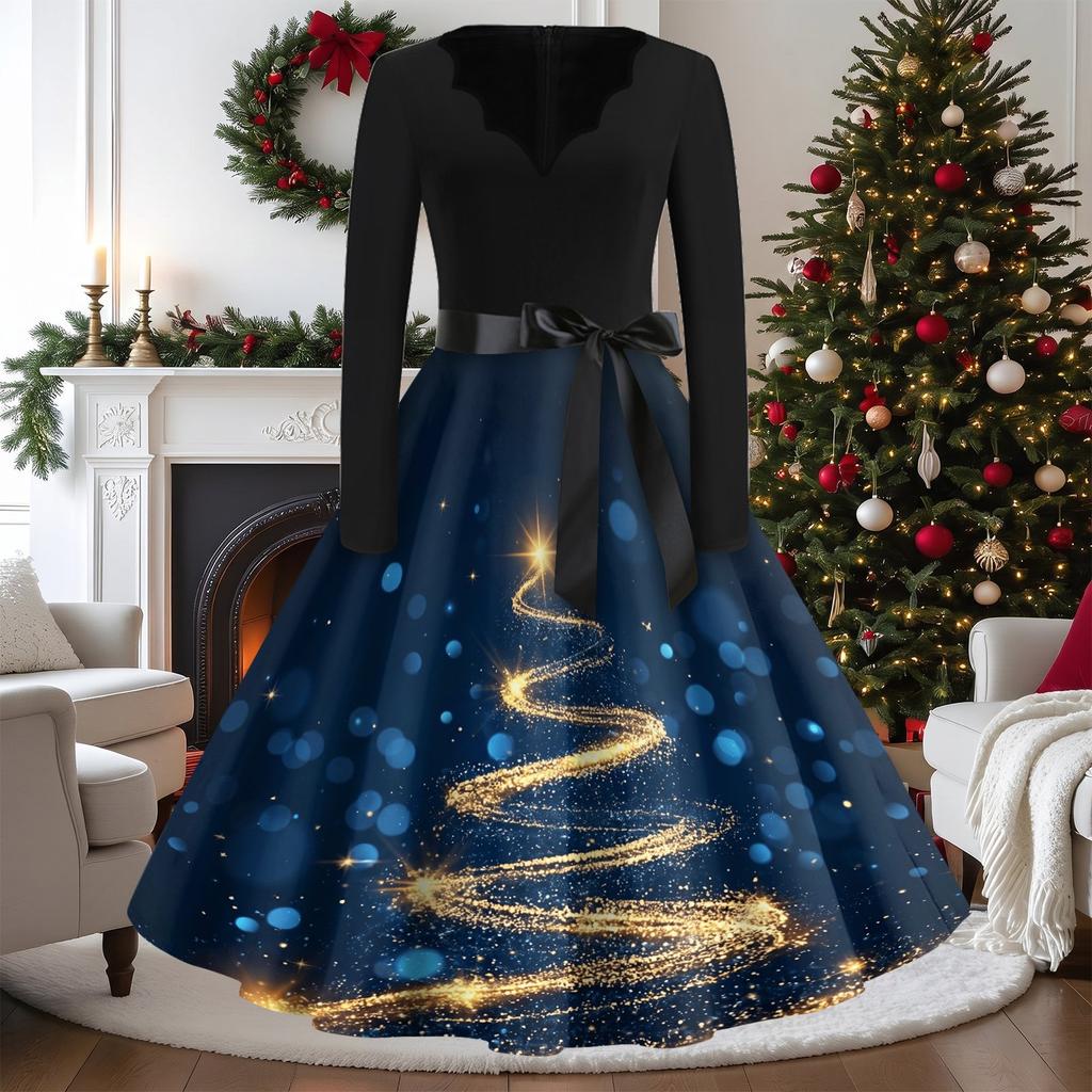 Women's Casual Vintage V-Neck Long Sleeve Dress with Christmas Print