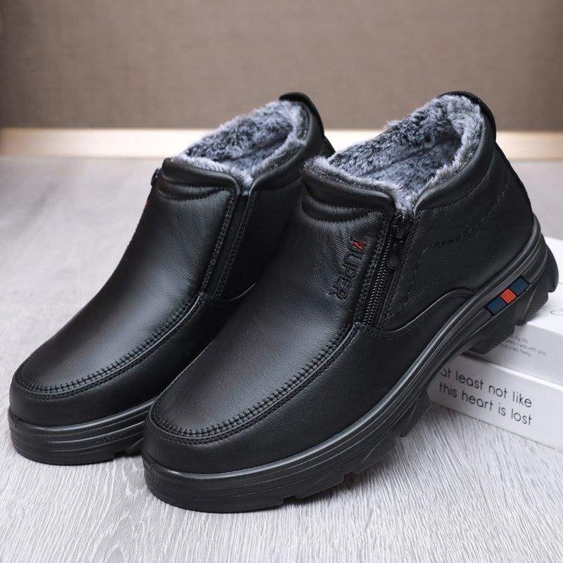 Winter old north cloth shoes men's cotton shoes with velvet warm soft sole light waterproof to work black imitation leather shoes dad shoes