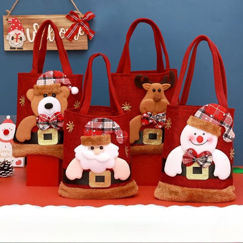 4pcs Festive Christmas Gift Doll Bags - Red&Golden Knitted Storage Treats with Santa, Snowman,Deer Designs,Christmas Accessories