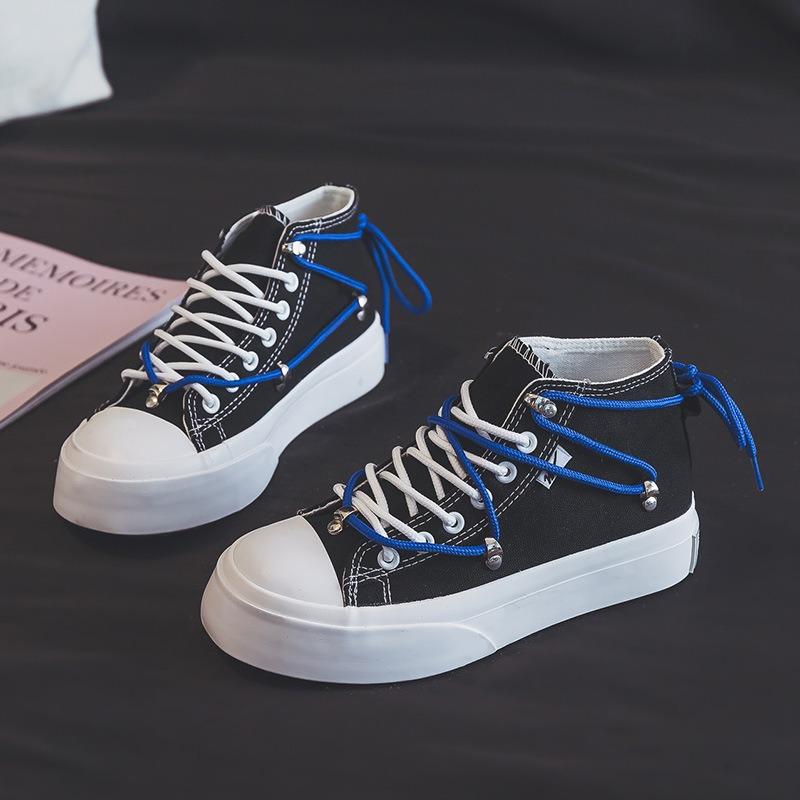 Autumn New Thick-soled High-top Canvas Shoes Women's Big Head Shoes Student Casual Heightening Shoes Rubber Shoes