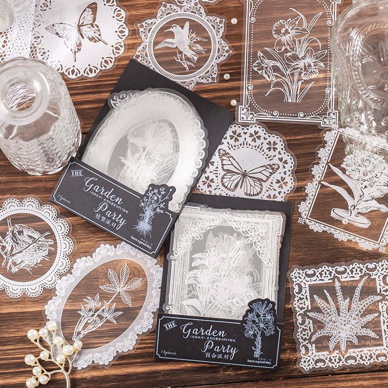 15pcs White Ink Lace Plant Flower Sticker Pack, Art Retro Style Hollow Lace Floral Journal Material, Student Diary Album DIY