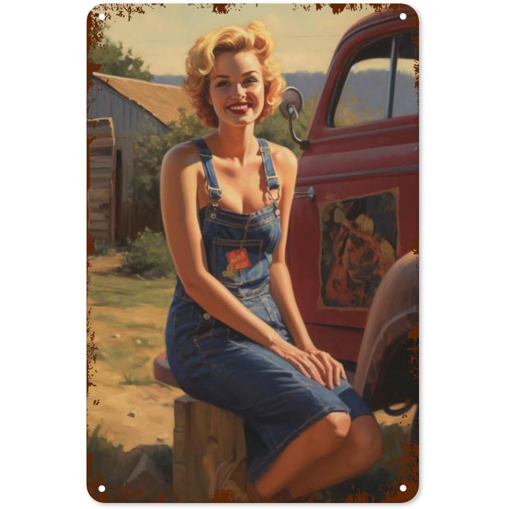

Pinup Car Girls Metal Tin Signs Plaque Wall Decoration Vintage Art Posters Iron Painting for Man Cave Home Cafe Garden Club B 30x40cm