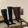 2025 Autumn New Square Buckle Rhinestone Boots Women's Thin Heel High Heel Thin Boots Pointed Elastic Knee Boots Women's Boots Children