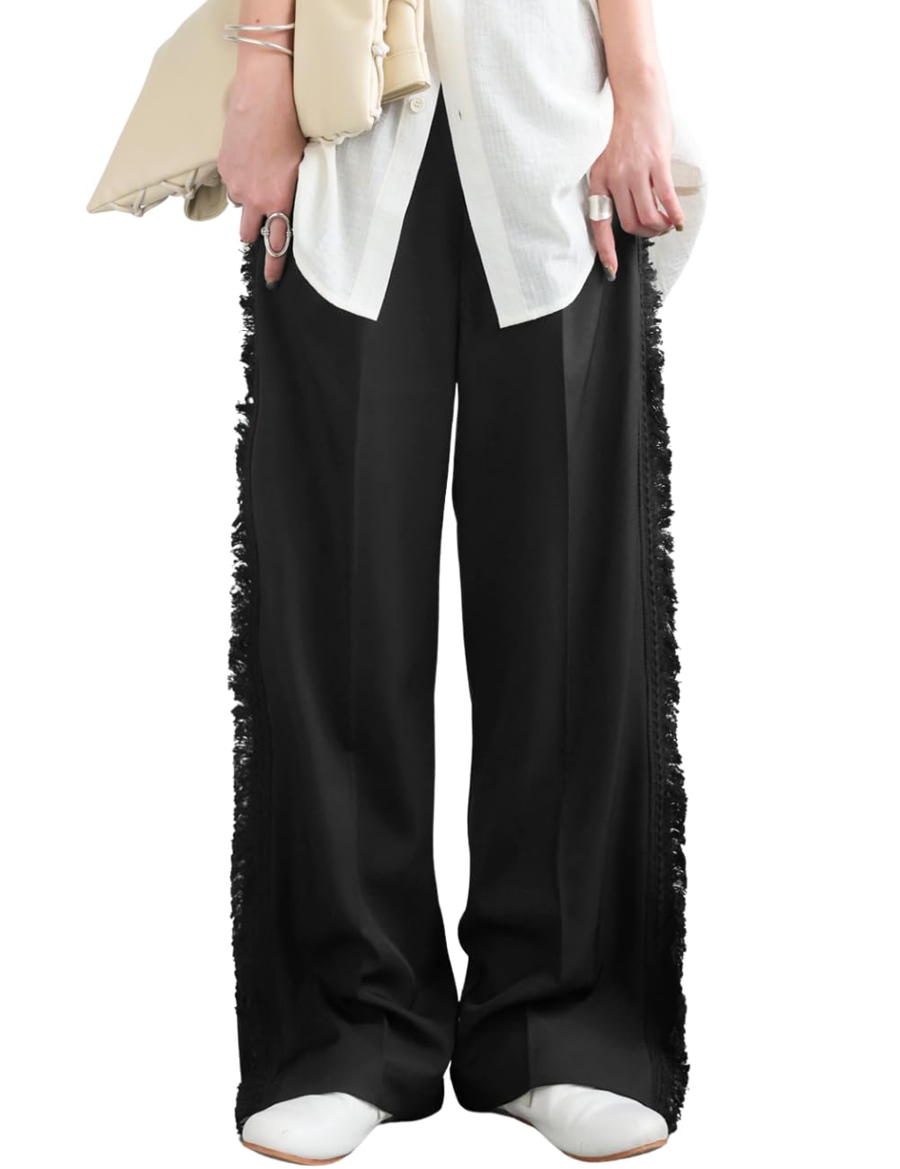 [antiqua] [Antica] Fringe Line Pants Women s Bottoms Long YP-00169 Medium 05 Black