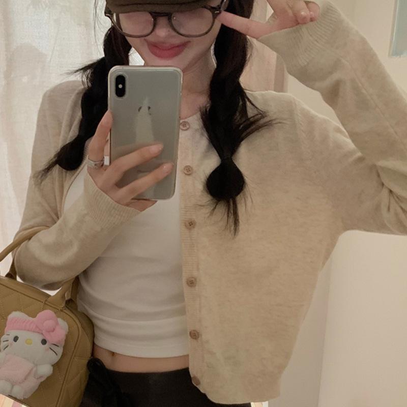 

Женский осенний облегающий элегантный вязаный кардиган красного цвета с длинным рукавом и круглым вырезом One Size абрикосовый