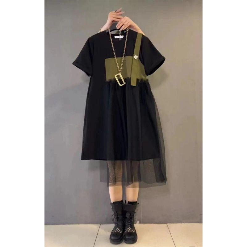 

Женская футболка с коротким рукавом и лоскутным узором большого размера, юбка, минималистичная, повседневная, сетка Army Green 2XL