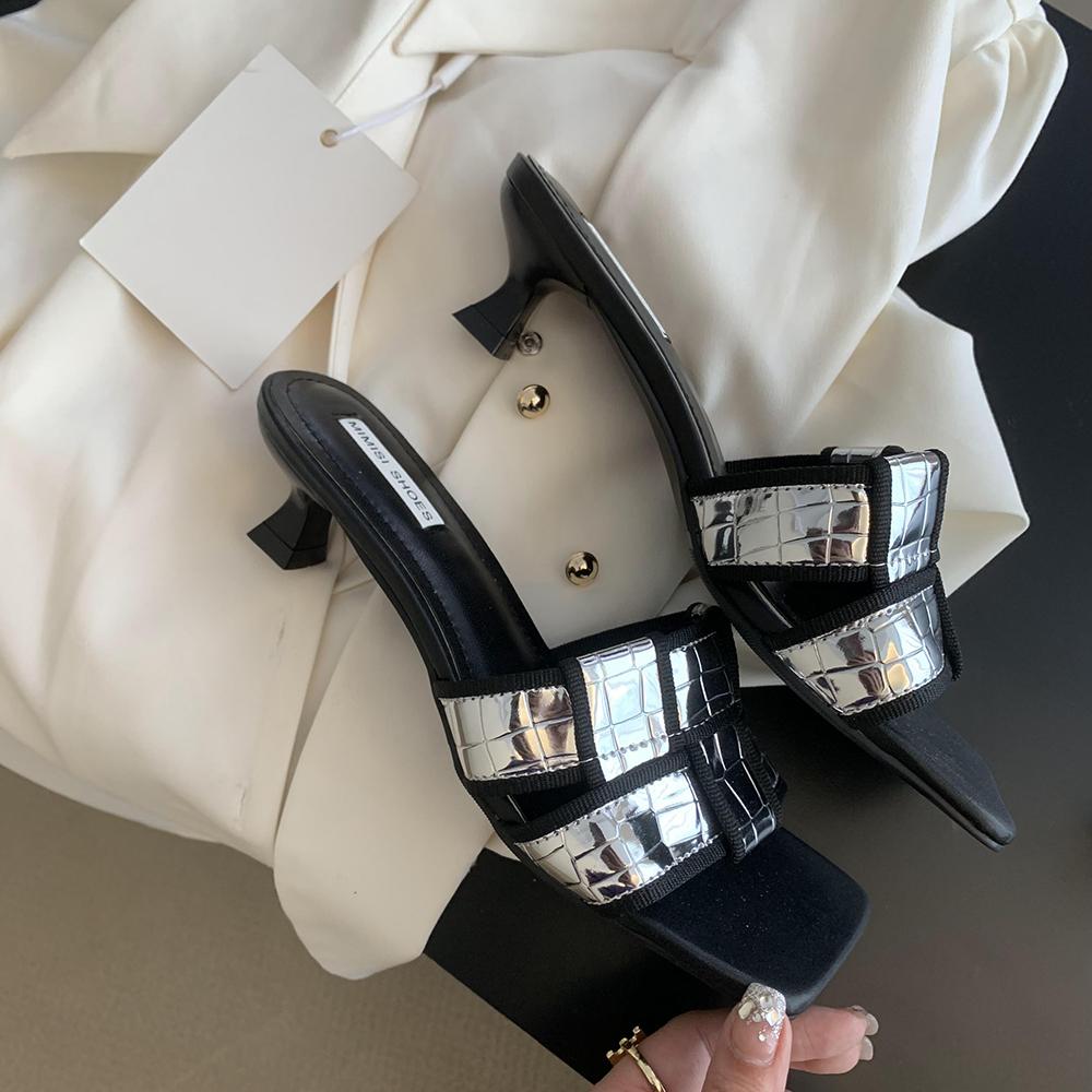 

fashion Open Toe Women Sandals Slippers Weave Design Thin Mid Heels Black Dress Shoes Woman Slip On Fashion Outside Mules Party Pumps 5.5 серебряный