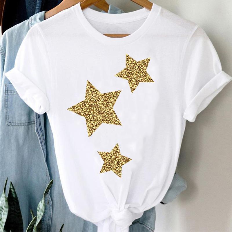 Gold Star T-shirt Summer Color Fashion Gold Five-pointed Star Cool New Style Foreign Style Short Jacket Female Ins Oversized S