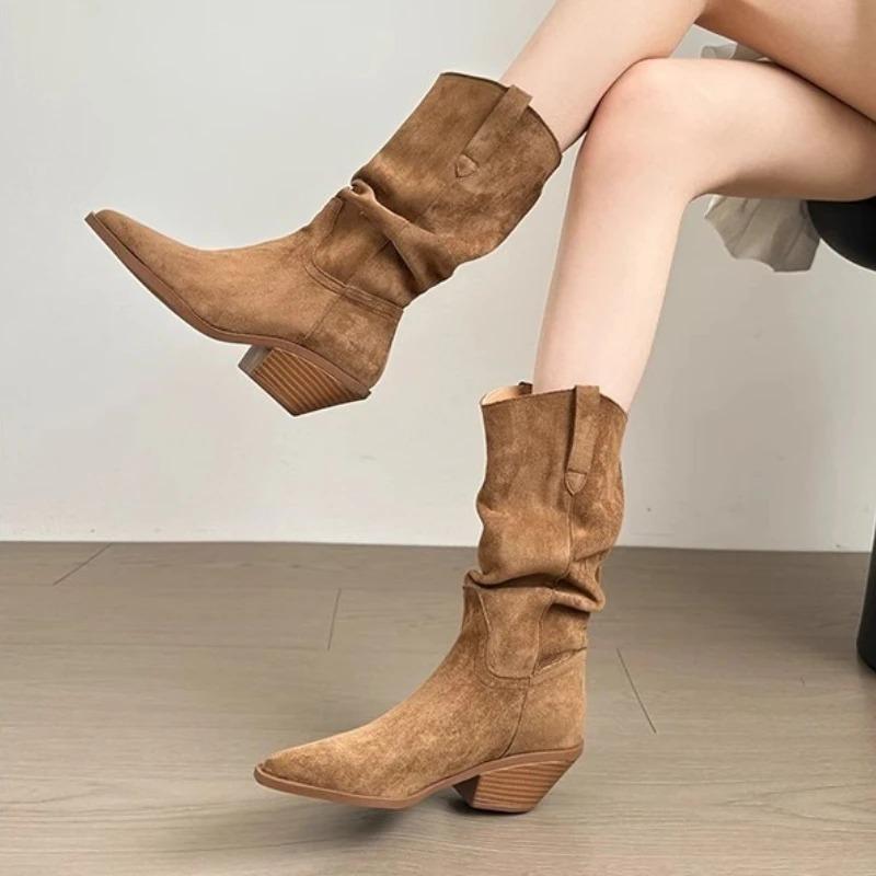 Women's Boots Luxury Suede Leather Casual Boots Fashion Pointed Toe Mid-calf Boots Thick Heeled Western Cowboy Boot Botas Mujer