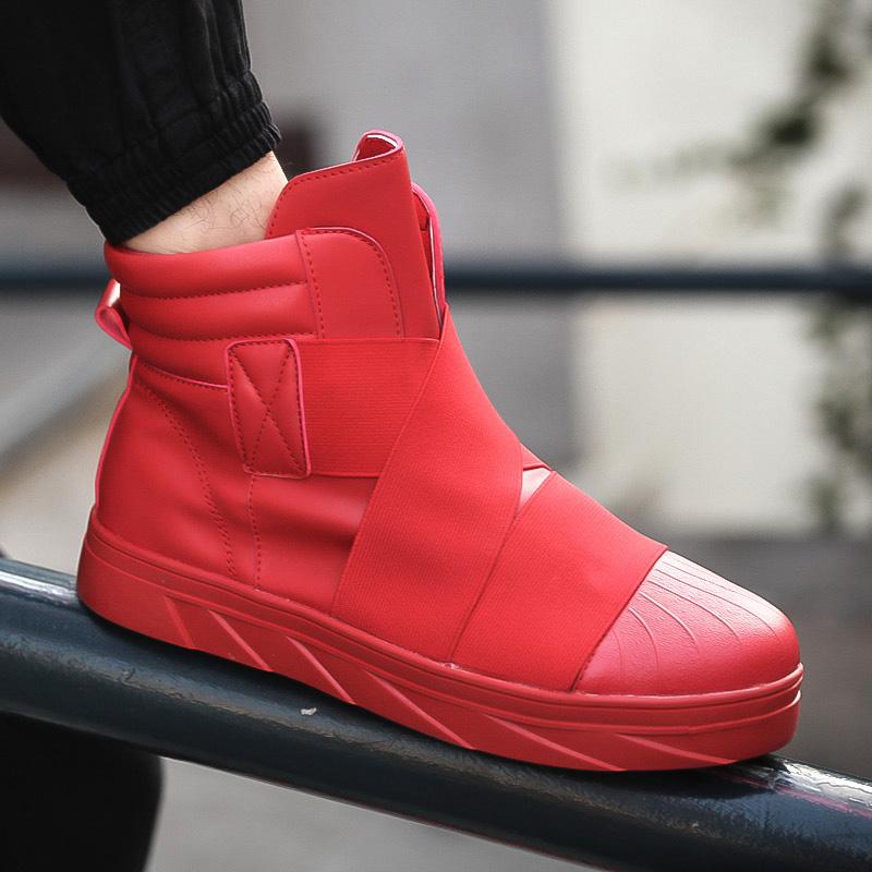 Fashion Black British Ankle Boots Men Autumn and Winter High-top Men's Leather Shoes Street Skateboard Sneakers Men Hip Hop Shoes Red