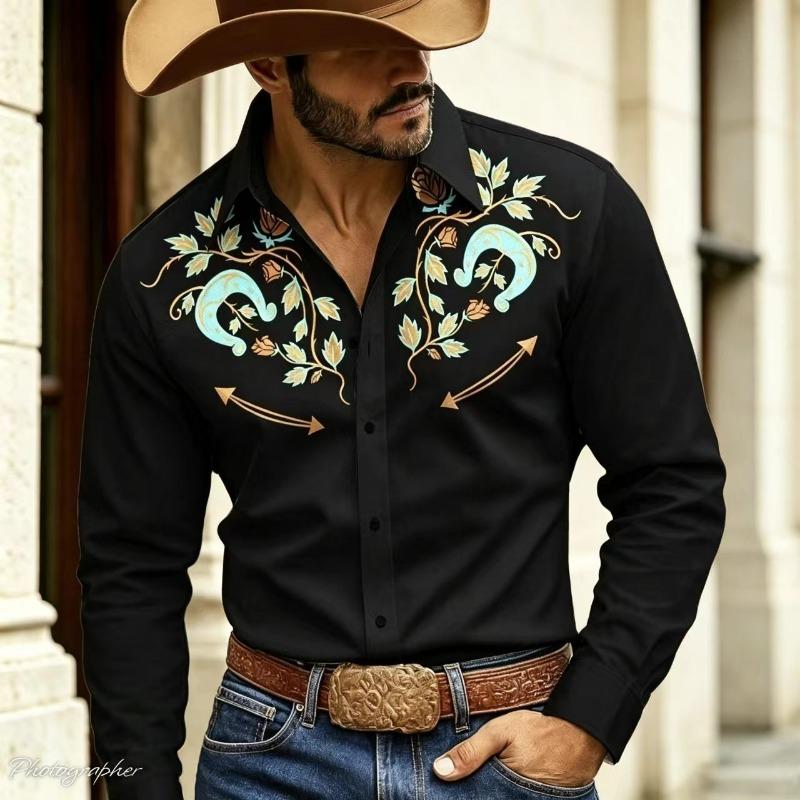 Retro floral 3D printed men's shirt, Western denim button up long sleeved shirt, men's lapel casual fashion shirt, plus size