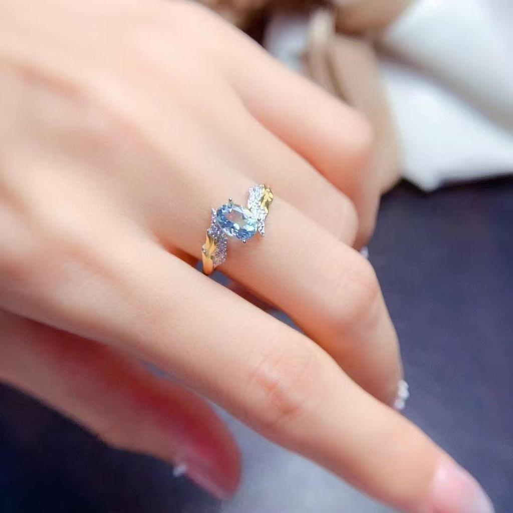 Natural Aquamarine Ring with S925 Silver, Three-Dimensional Wing Design, Minimalist Two-Tone.