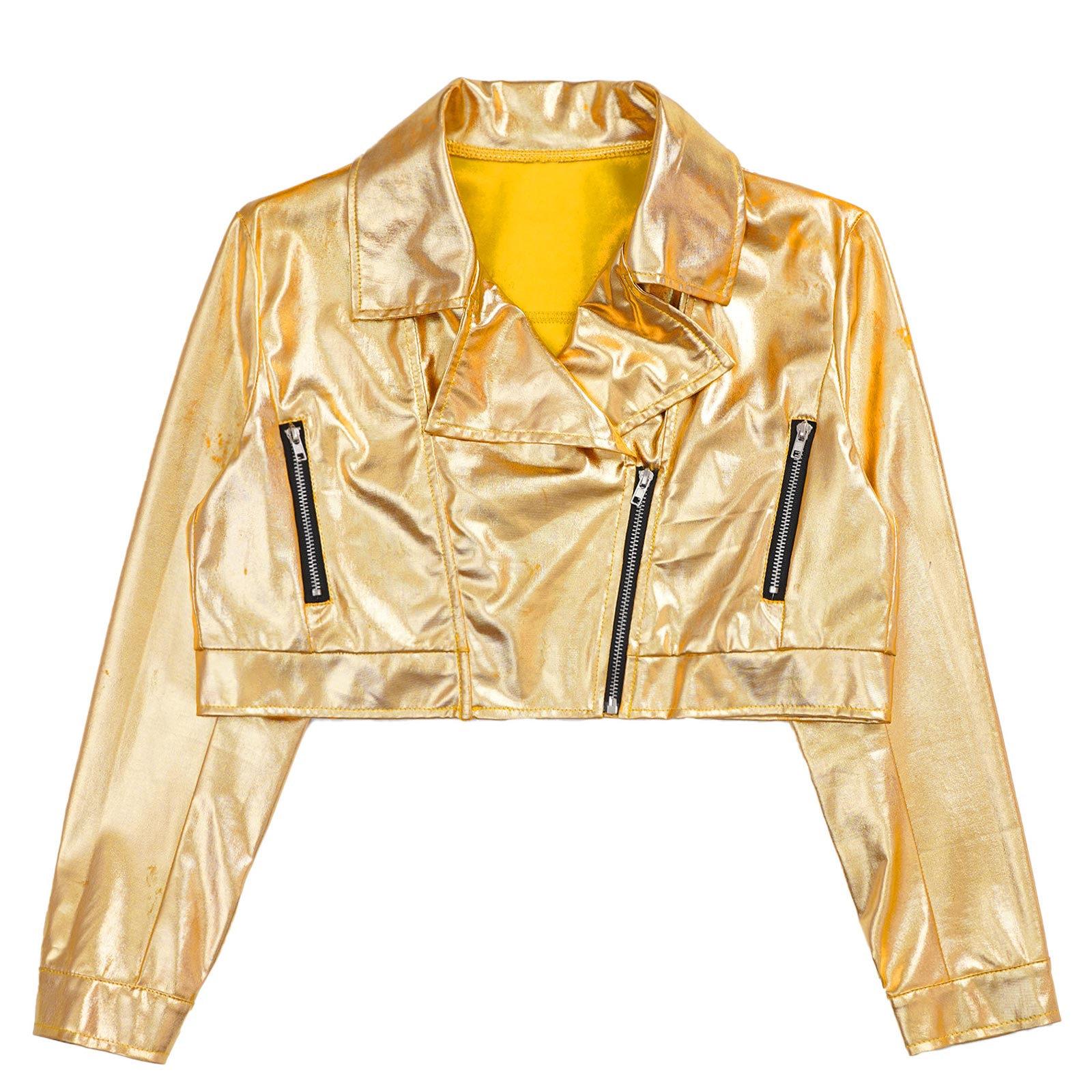 

Boys Girls Metallic Dance Jacket Long Sleeves Zipper Closure Turn Down Collar Jazz Performance Outwear 5-6 Years