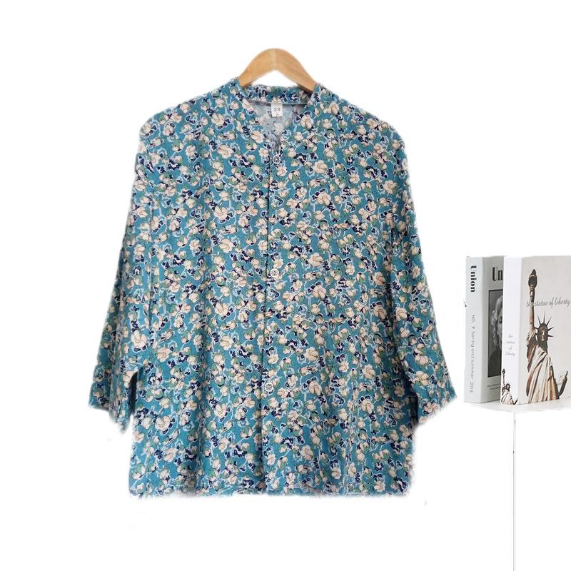 Cotton Silk Printed Standing Collar Cardigan Long Sleeve Women's Shirt Summer Thin Comfortable Breathable Rayon Top