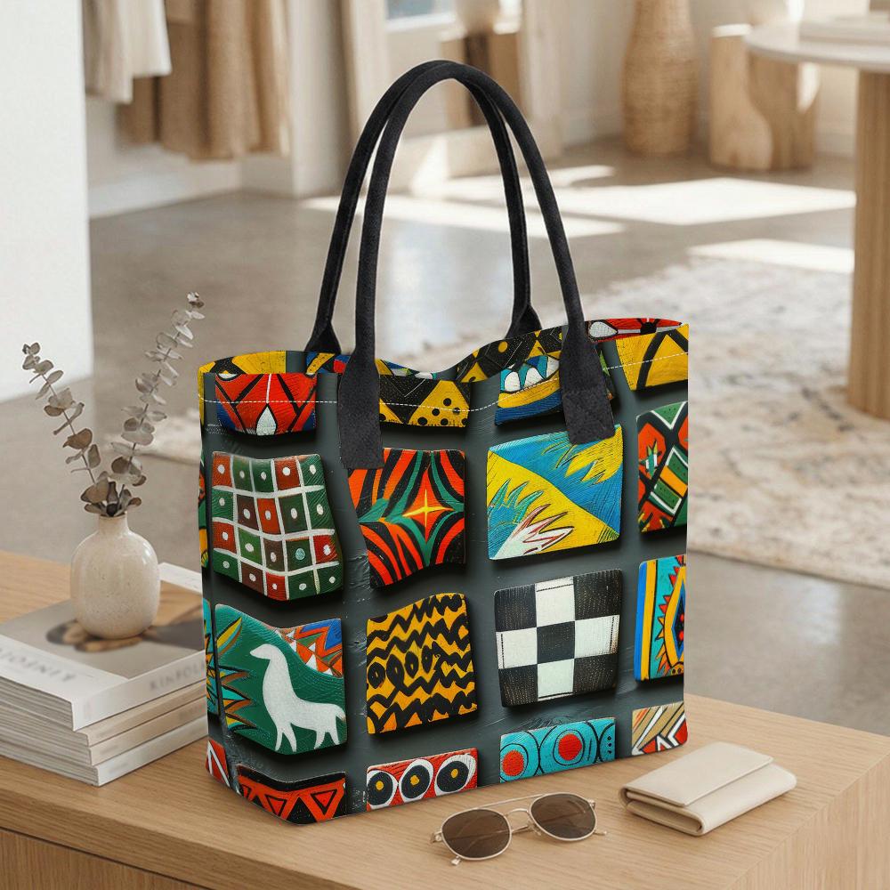 Ethnic Pattern Tote Bag Casual Large Capacity Canvas Shoulder Bag for Daily Shopping Travel Lightweight Handbag