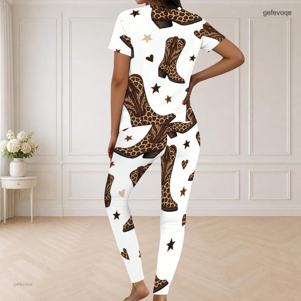 Women Plus Size V Neck Short Sleeve Leopard Christmas Tree Print White Pajama Set