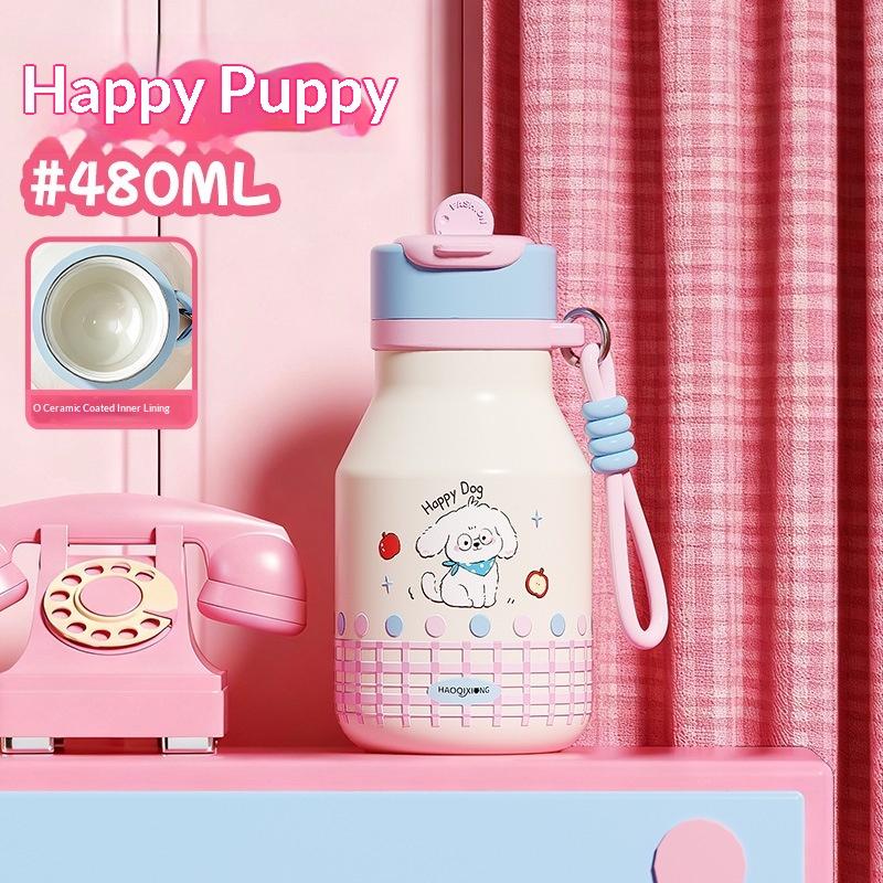 Modern Children's Cartoon Cute Stainless Steel 480ml Leak-Proof Vacuum Insulated Anti-Fall Thickened Strap Water Straw Cup