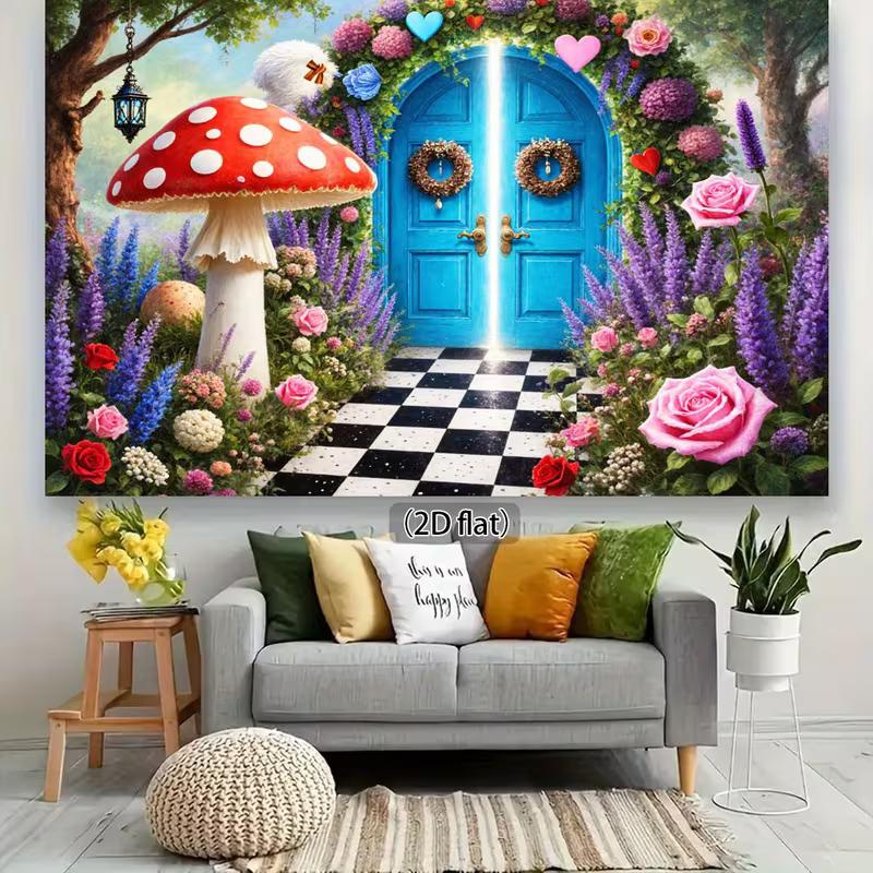 2D Whimsical Wonderland Background, Magical Blue Door & Flower Garden Backdrop