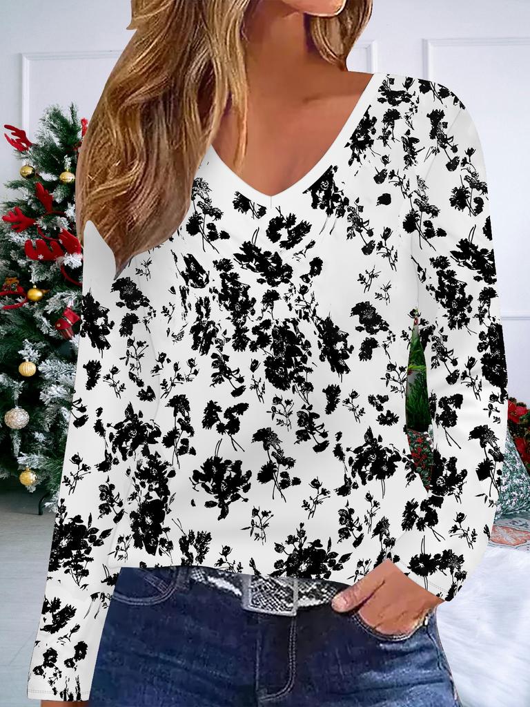 3D Flower Printed Fashion Casual Women's V-Neck Long Sleeve T-Shirt - New Year Party Clothing Holiday Gift