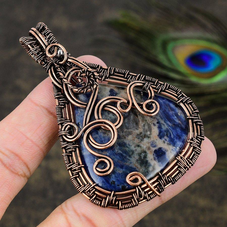 Sodalite Gemstone Copper Wire Wrap Jewelry Pendant 3.03