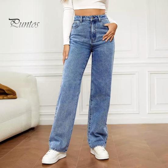 Gerade Schlagjeans für Damen, hohe Taille, Knopfverschluss, Hose mit Reißverschluss, einfarbige Jeanshose mit Taschen für den Alltag, Schulweg