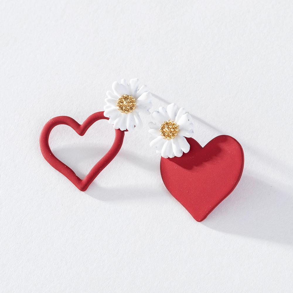 Pinkdudu Fashion Korean Red Heart Asymmetric Drop Earrings Romantic Sweet White Daisy Earring for Women Jewelry Gifts PD1409