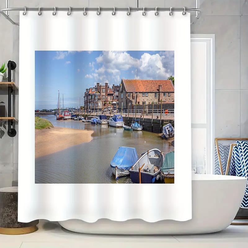 

Coastal Village Boat Landscape Shower Curtain Ocean Seaside Nautical Bathroom Decor Beach House Vibes Home Textile Waterproof W60H190(CM)-1 Pcs