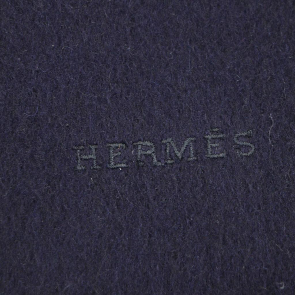 Excellent HERMES Scarf Embroidered logo with fringe Navy cashmere mens Used