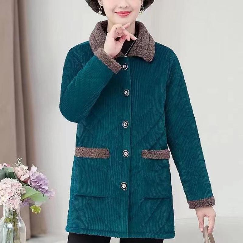 Elderly Womens Autumn and Winter Plus Size Cotton-padded Coat Plus Velvet Jacket Mothers Relaxed Fit Cotton-padded Jacket One Tone Lapel