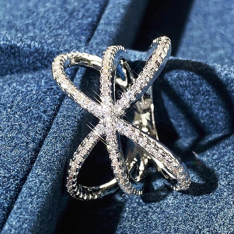 Huitan Chic Symmetrical Line Shiny Cubic Zirconia Rings for Women Fashion Gorgeous Finger Accessories Novel Party Daily