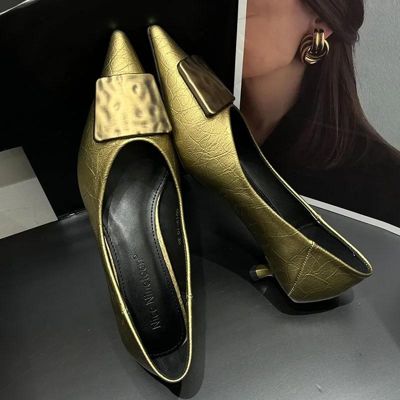 New Brand Fashion Luxury Metal Pointed Toe Fine Heeled Shallow Mouth Women's Shoes Sexy Banquet Dress Wedding High Heels Female