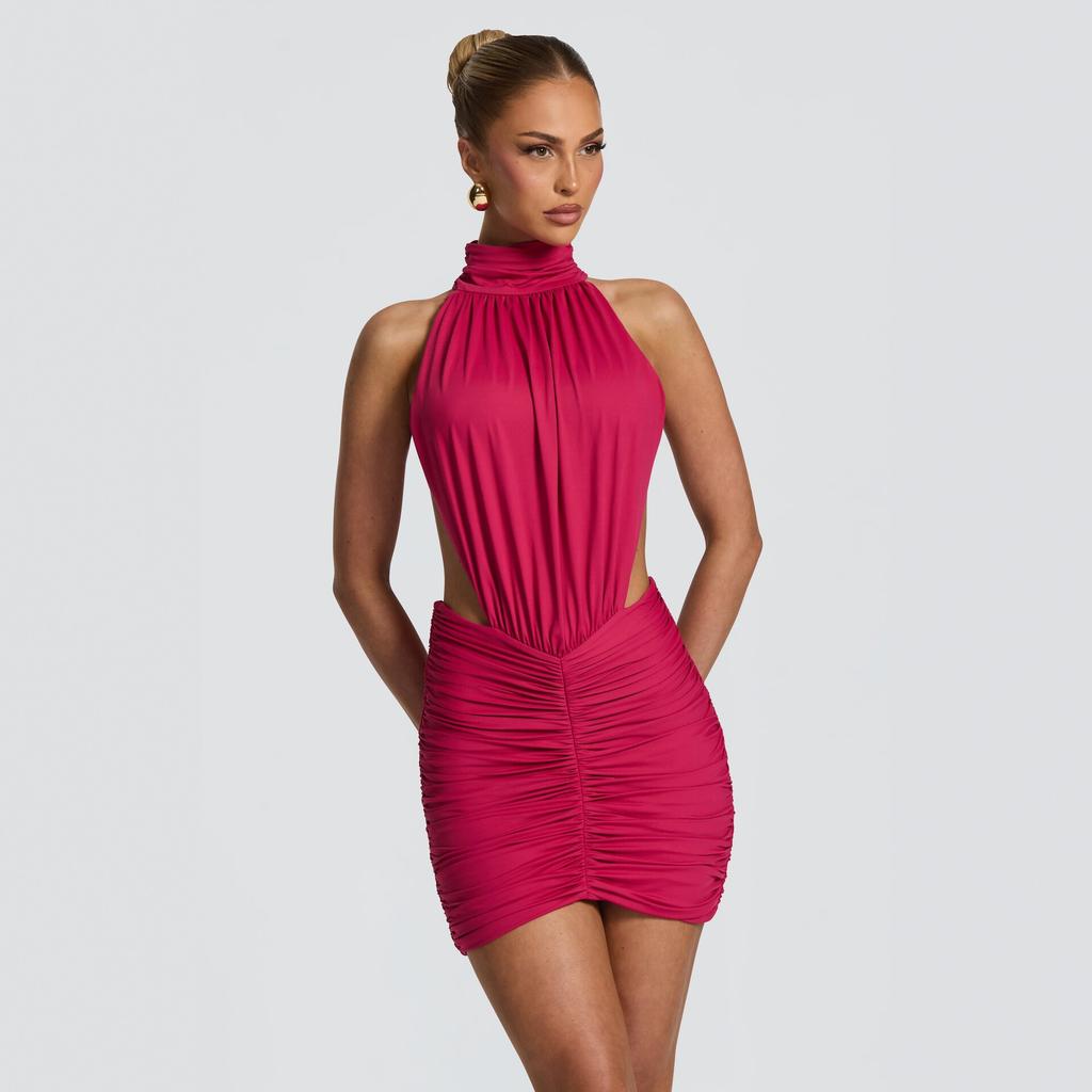 Summer new European and American women's clothing temperament solid color turtleneck slim-fitting sexy backless hip-wrapped dress women