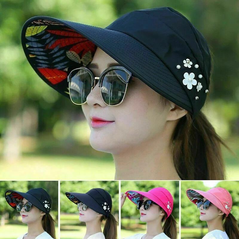 Sun Hat Summer Shade Fashion Women Ladies Summer Vacation Wide Brim Foldable Anti-UV Beach Visor Caps Empty Top Hats Korea Style