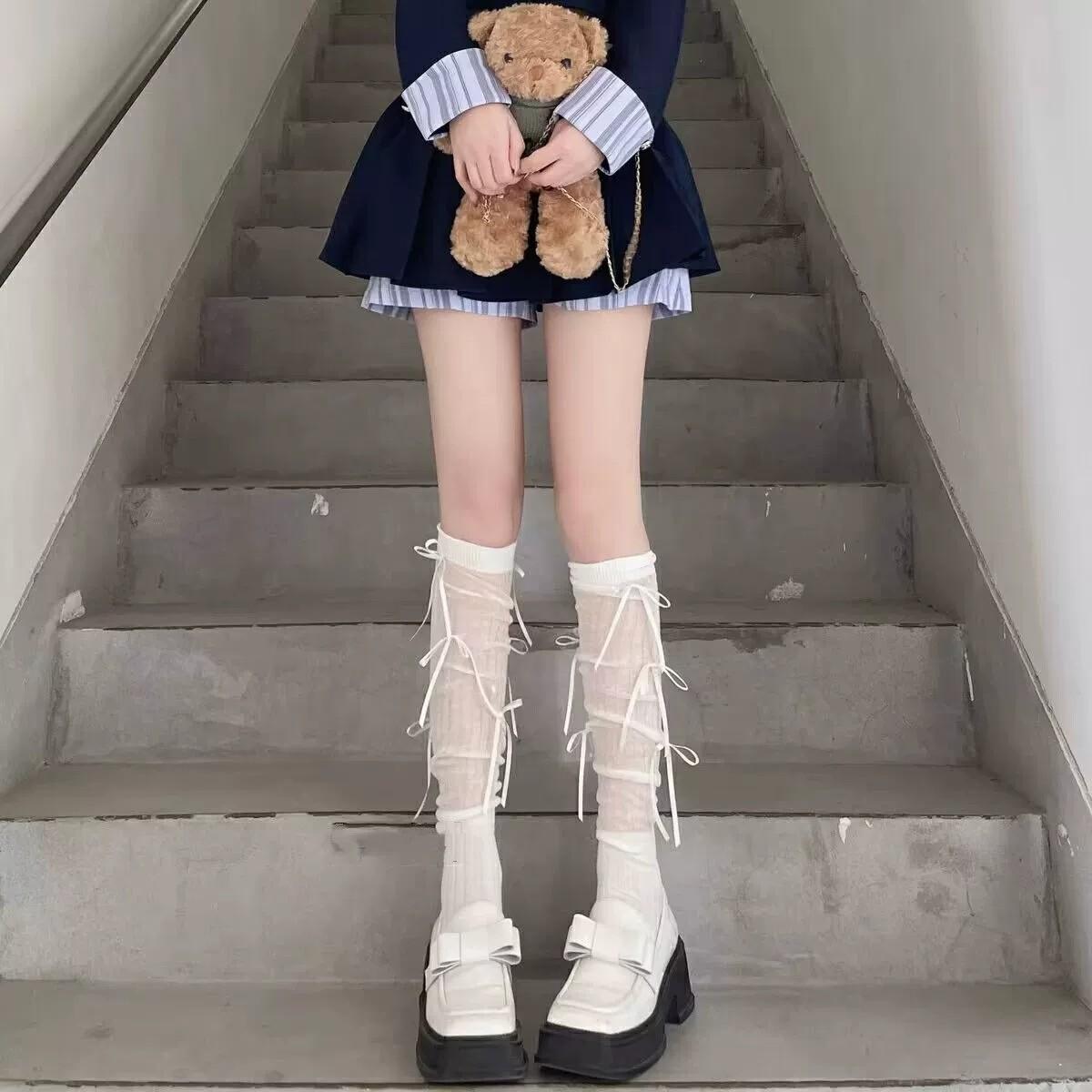 

Lolita Streamer Butterfly Calf Socks Spring Summer Bow Cotton Tube Socks Lolita Stacking Socks Splicing College Style average size білий