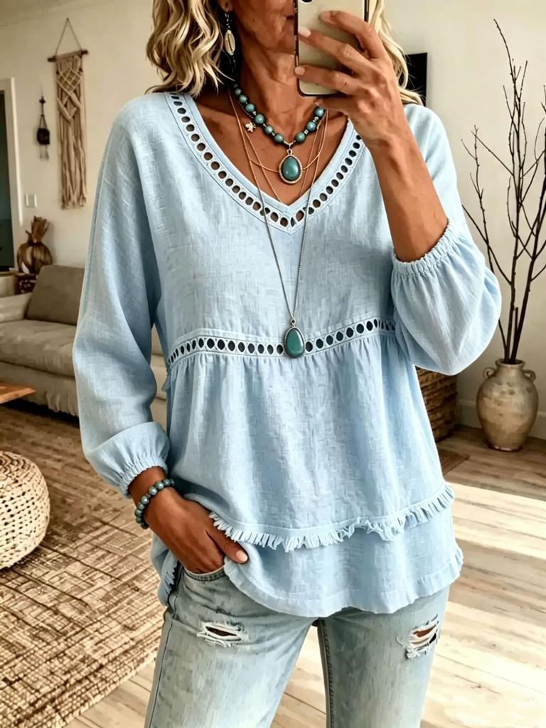 Women's Casual Color Long Sleeve Comfortable Loose Fit Top for Everyday Wear