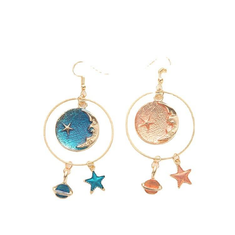 Japanese Small Fresh Blue Star Moon Earrings Symmetrical Versatile Planet Geometric Round Ear Hook Long Earrings