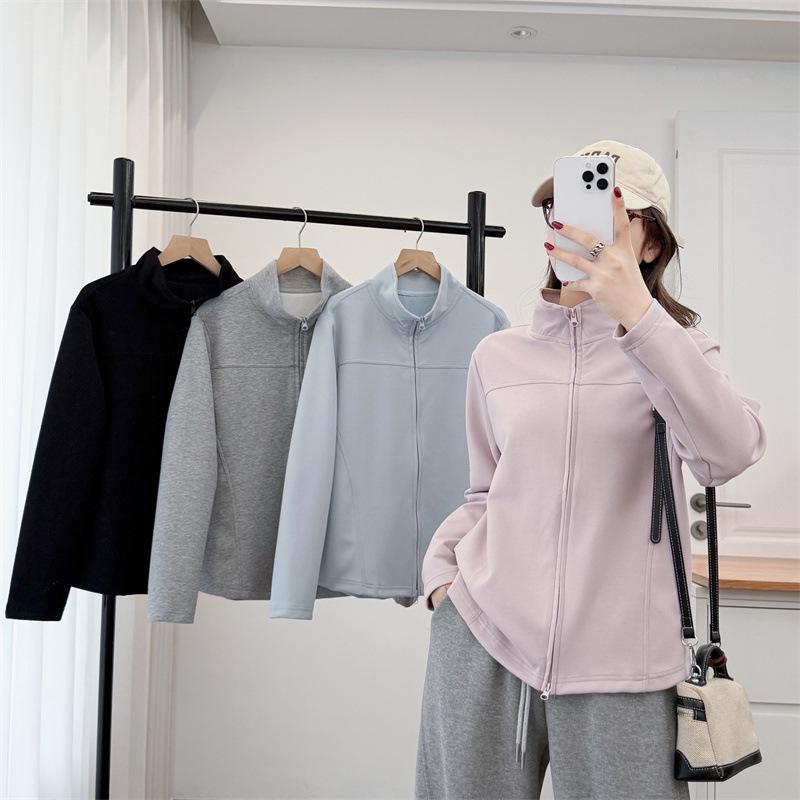 2026 Spring Plus Size Women's Long Sleeve Hoodie Cardigan with Double Zipper & Stand Collar - Style 7067
