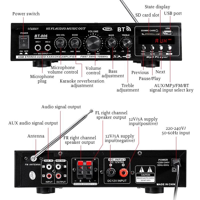2 Channel Digital Amplifier USB/SD AUX Input 500W HIFI bluetooth Power Amplifier Audio Karaoke Car Home Theater 220V