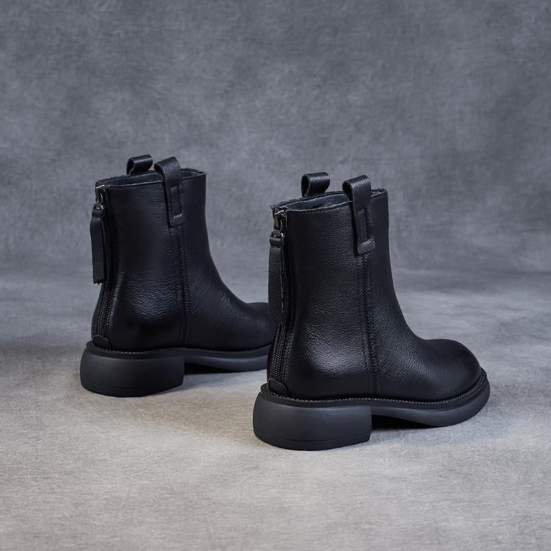 Leather Women's Shoes 2026 Autumn and Winter New British Retro Rear Zipper Thick Heel Boots Martin Boots Skinny Boots Women's Short Boots