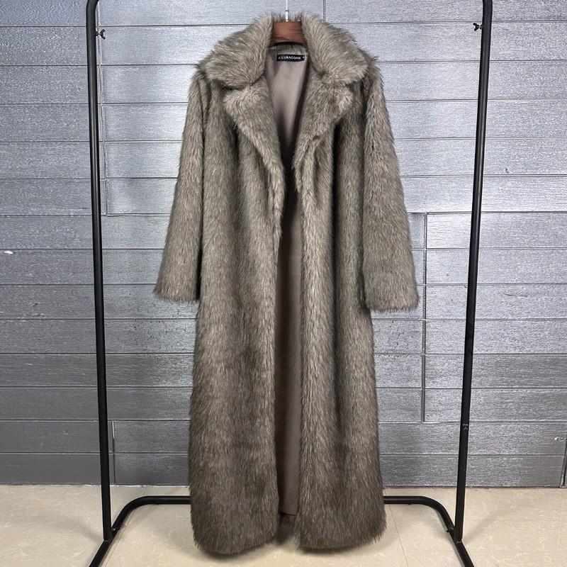 Womens Faux Fur Long Coat Street Style Polo Neck Winter Outerwear
