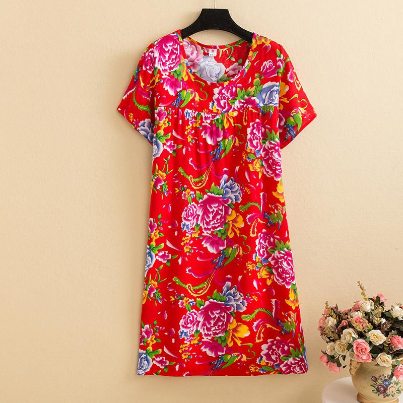 Mom summer dress medium and long pure cotton silk nightdress year-old new Chinese women's knee skirt