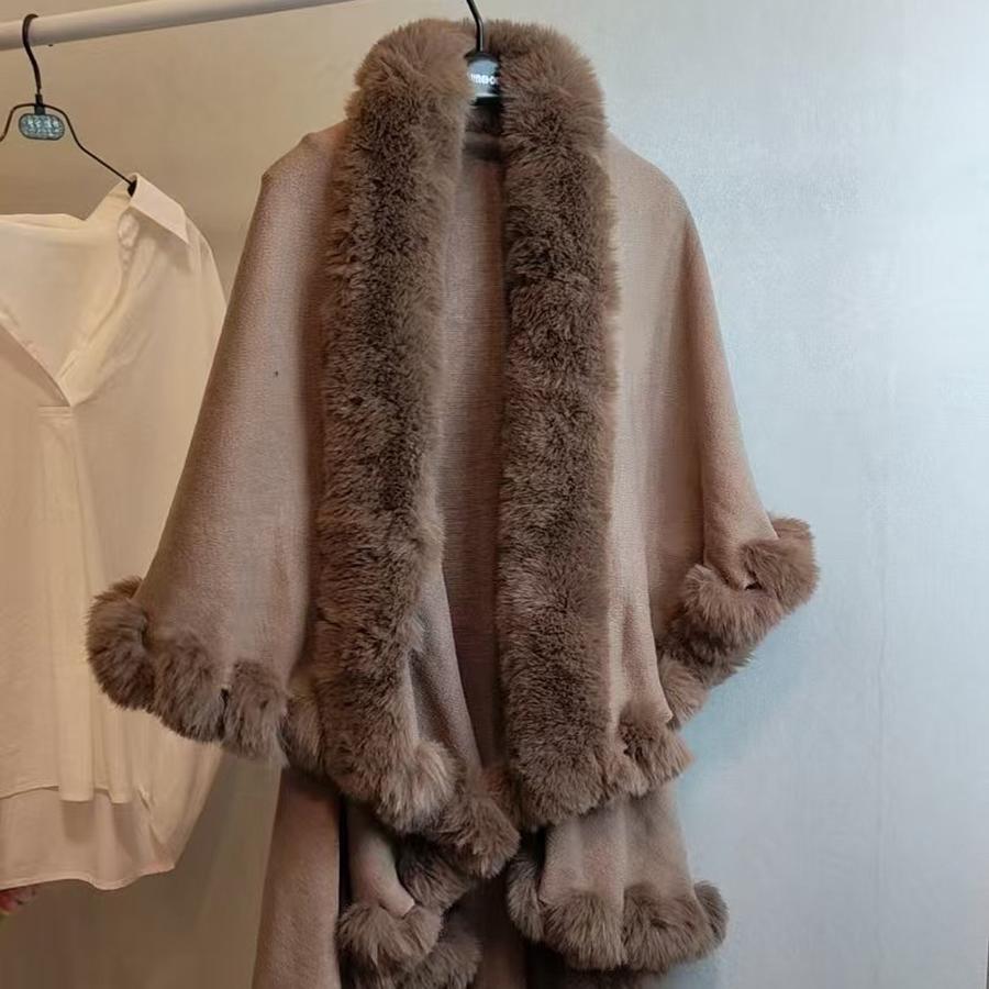 Sciarpa Lavorata a Maglia con Collo in Pelliccia di Coniglio Invernale Spessa, Mantello da Viaggio, Mantello, Gilet Caldo a Doppio Strato Foderato in Pile