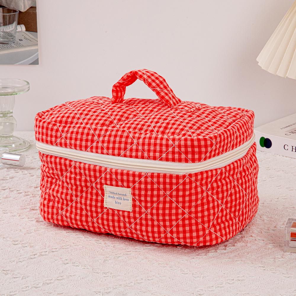 Gestepptes Rot Kariertes 3-teiliges Make-up-Taschen-Set mit Clutch mit großem Fassungsvermögen