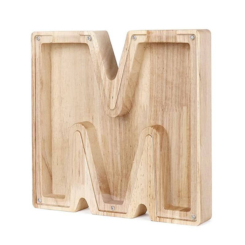 18cm Twenty-six Letter Piggy Bank Wooden Coin Money Saving Box Jar Coins Storage Box Desktop Ornament Home Decor Craft Xmas Gift
