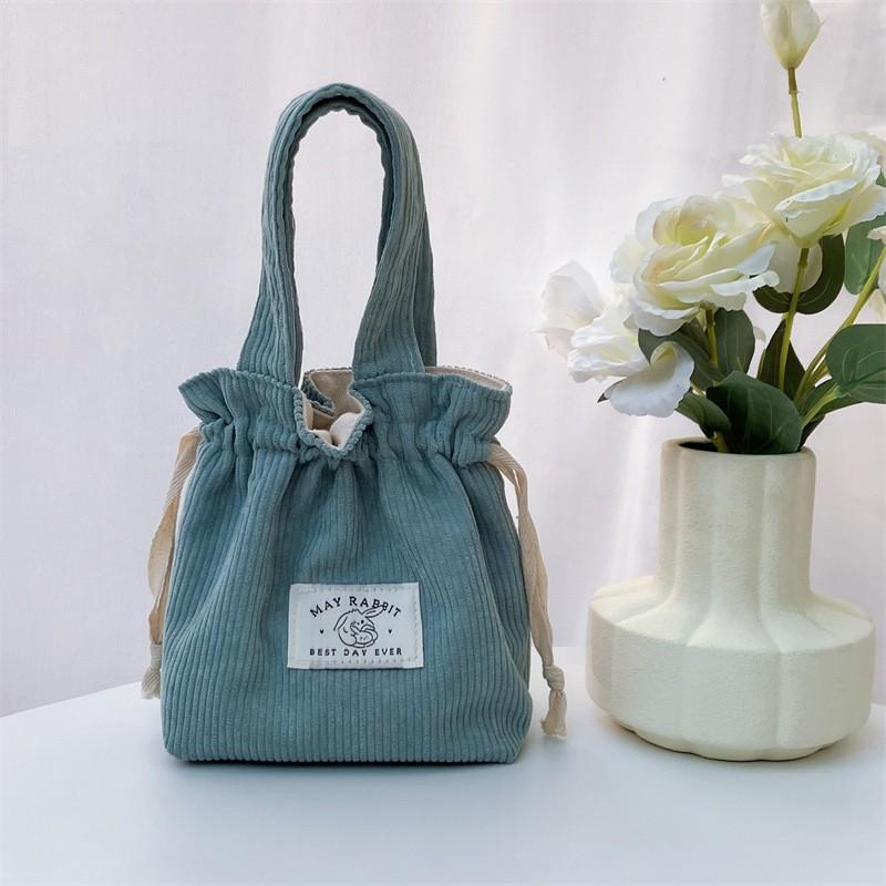 Vintage Damen-Kord-Handtasche Lässige Zugbeuteltasche Unifarbene Geldbörse Aufbewahrungstasche Kosmetiktasche