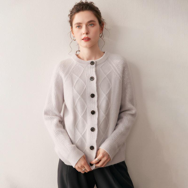 2025 Autumn/Winter Thick Diamond Cable Knit Cashmere Loose Round Neck Long Sleeve Cardigan for Women