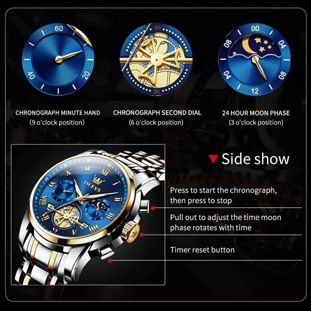 OLEVS 2859 Top Original Quartz Men's Watches Classic Roman Scale Dial Moon Phase Waterproof Luminous Luxury Wrist Watch for Male