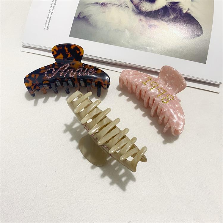 Custom Logo Women Hair Decorative Accessories Catch Hair Large Shark Clip Word Rhinestone Letter Acetic Acid Hair Clips