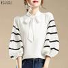 Women Casual Round Neck Stripe 3/4 Sleeve Loose Blouse